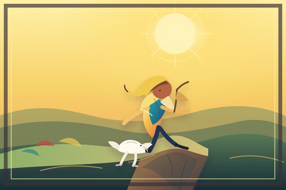 a person stepping off a cliff edge with a small white dog at their heel, sunlit pale-yellow sky, light backpack — illustration, not photo