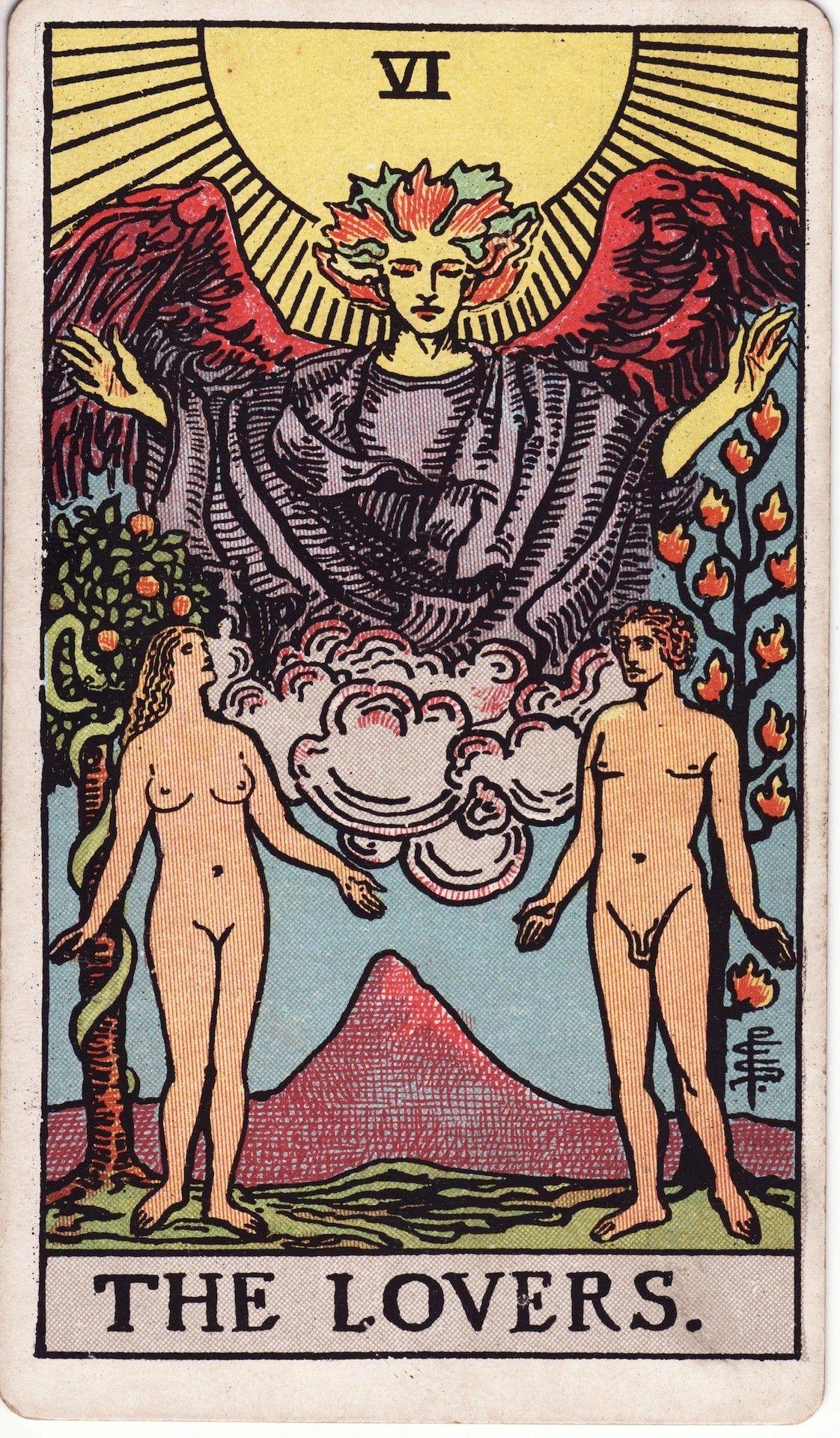 The Lovers tarot card from the Rider-Waite-Smith deck showing two figures beneath an angel