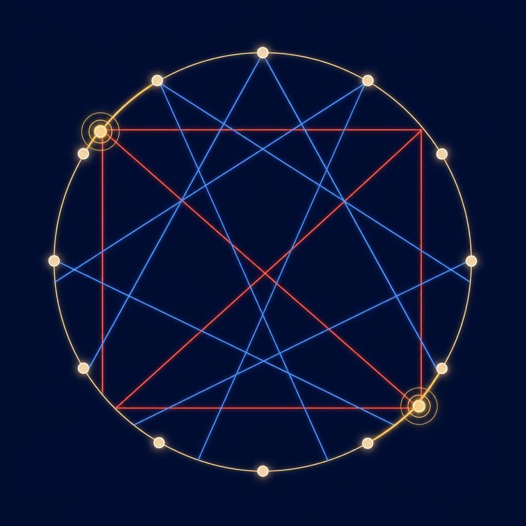 A circular geometry diagram with coloured lines connecting points around a circle (square, trine, conjunction).