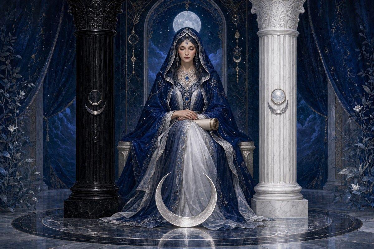 a seated robed figure between two pillars (one black, one white), crescent moon at her feet, scroll partly hidden in her lap, deep blue and silver palette — illustration, not photo