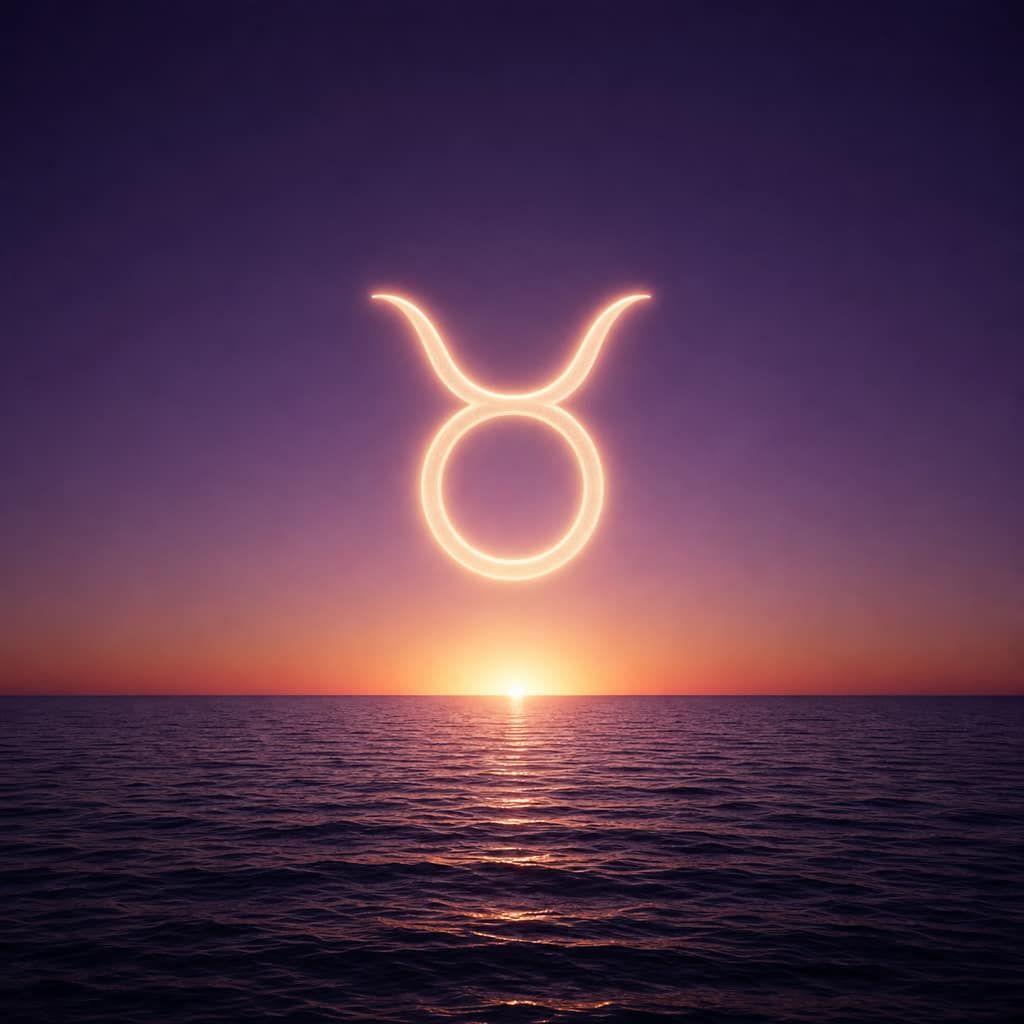 A horizon line at dawn with a zodiac glyph rising on a deep purple gradient sky.