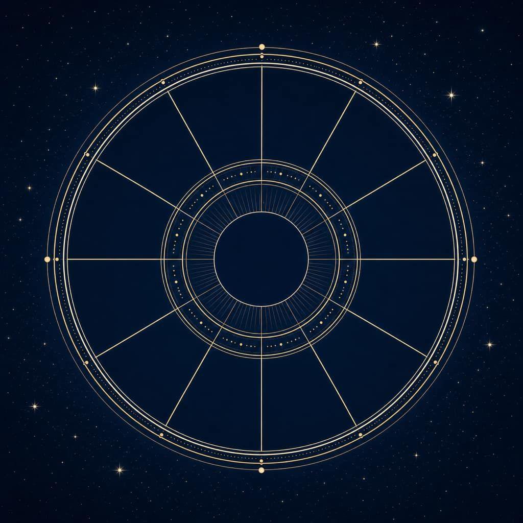 A 12-segment astrological chart wheel on deep navy with a soft starfield and pale-gold linework.