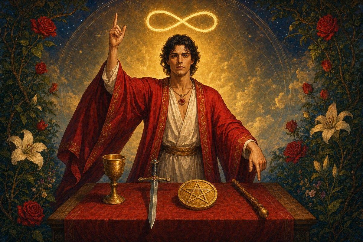 a figure in red robe at a table with cup, sword, pentacle and wand, one hand pointing up and one down, infinity symbol overhead — illustration, not photo