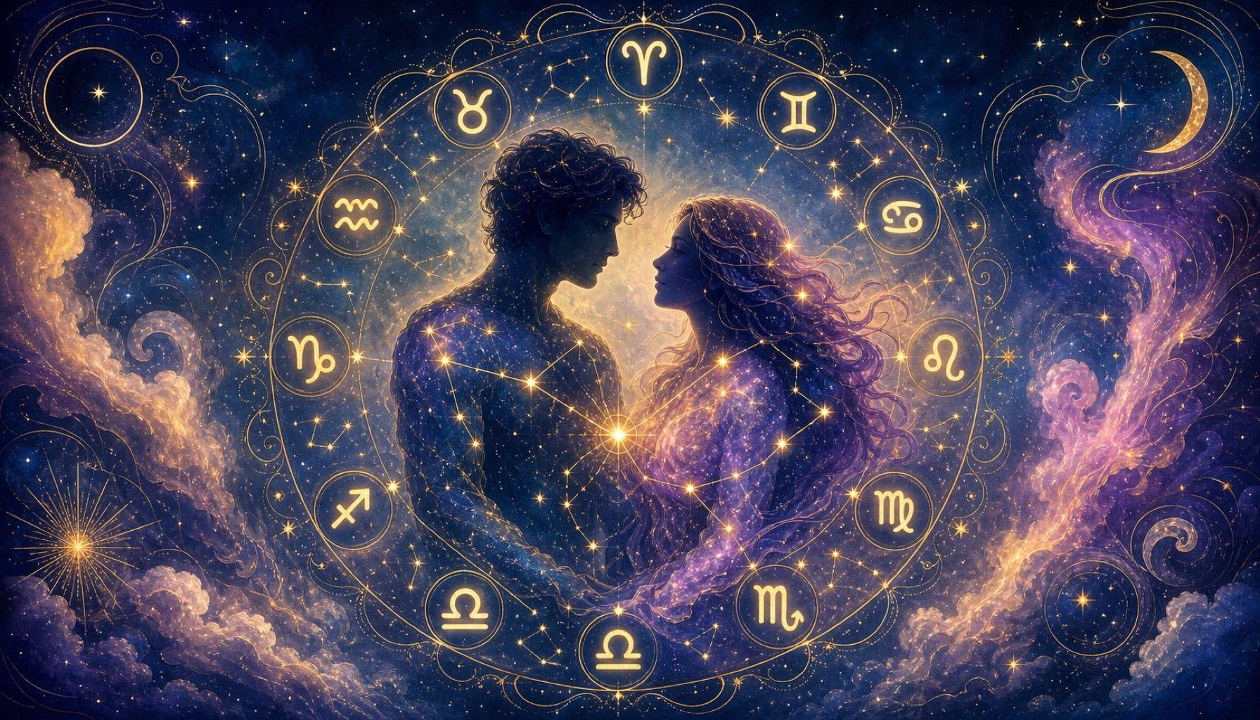 Two ethereal silhouettes embracing in cosmic space, surrounded by a swirling celestial wheel of all twelve zodiac glyphs