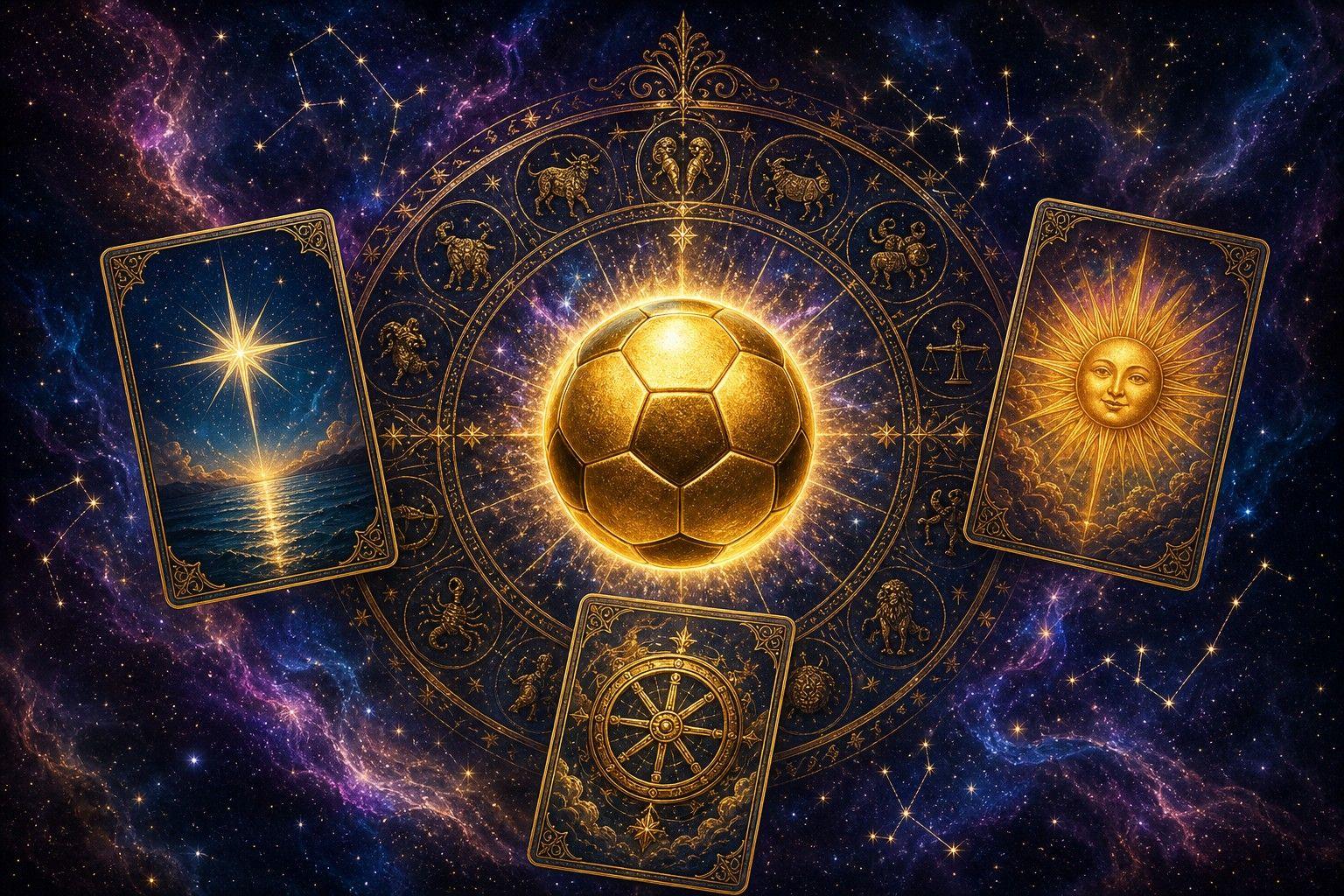A golden soccer ball at the center of a cosmic zodiac wheel framed by The Star, The Sun and Wheel of Fortune tarot cards