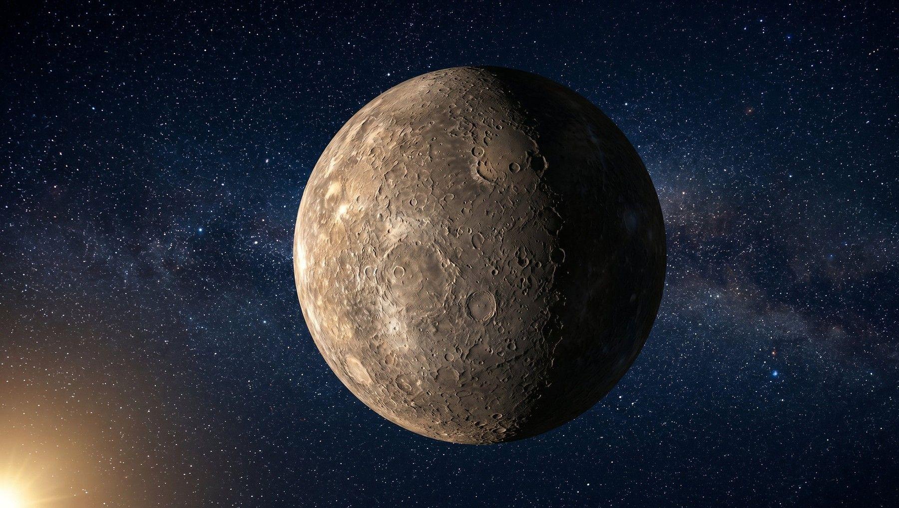 The planet Mercury, cratered surface against a starfield, evoking the retrograde phase